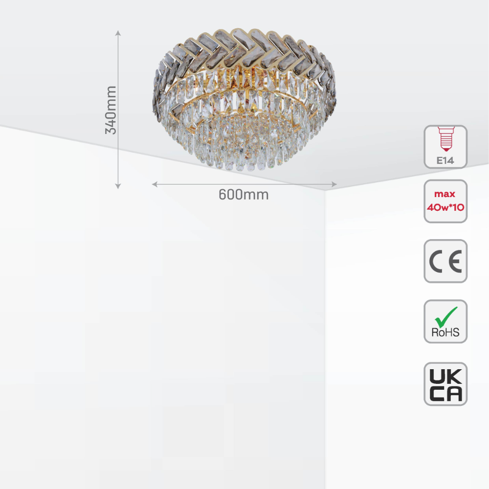 Size and tech specs of Herringbone Crystal Chandelier Ceiling Light Gold | TEKLED 159-17928