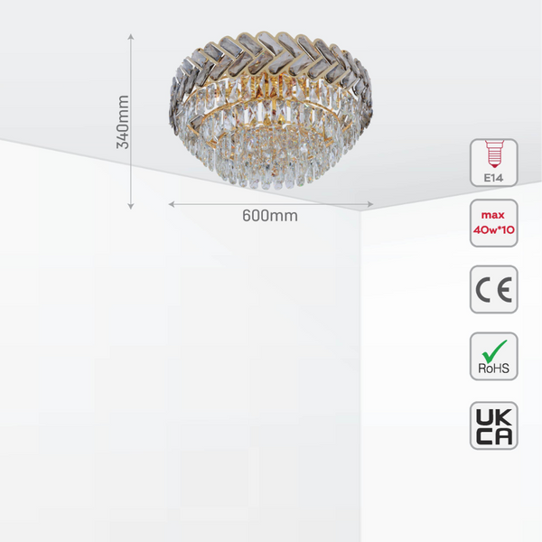 Size and tech specs of Herringbone Crystal Chandelier Ceiling Light Gold | TEKLED 159-17928