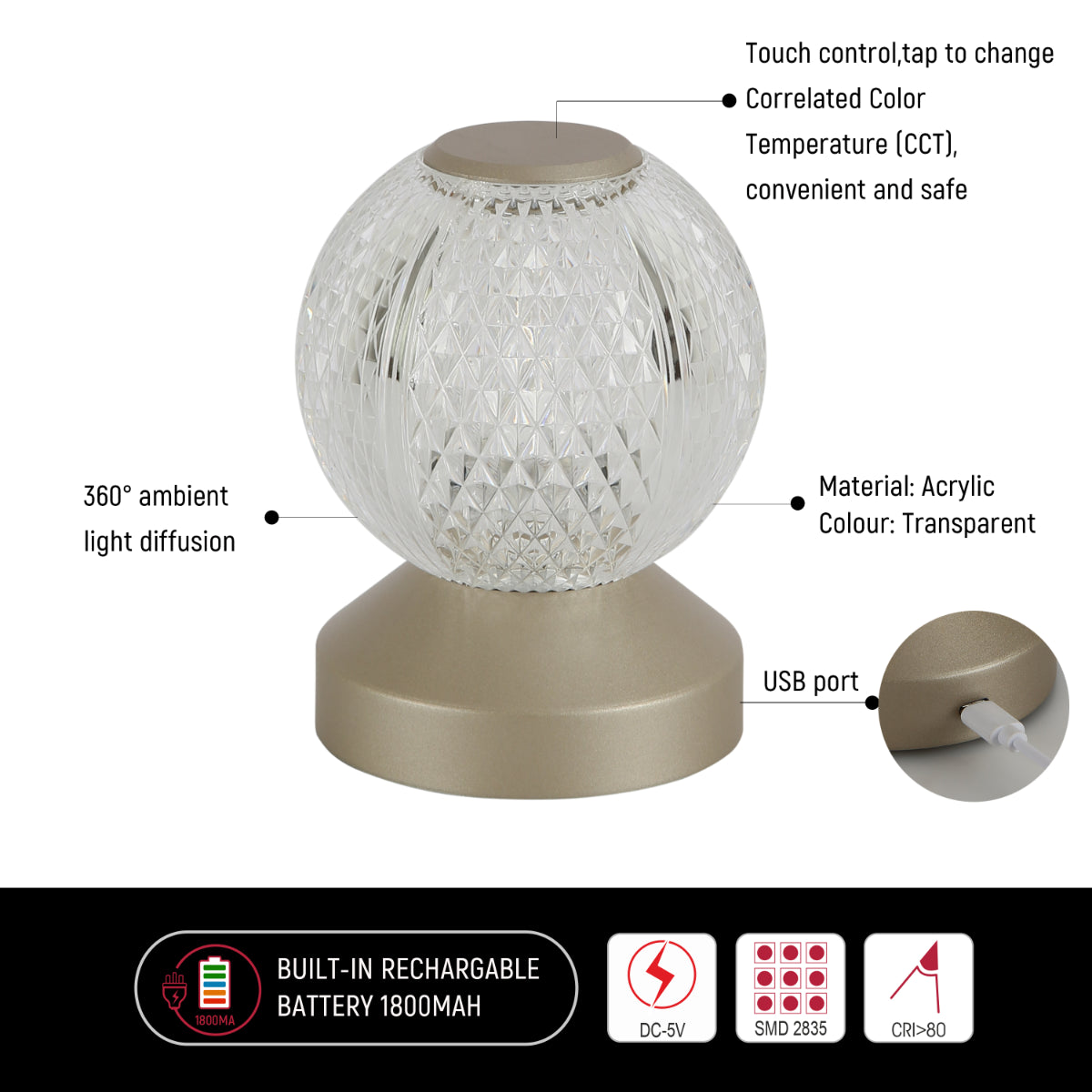 Close shots of Illumina Sphere Touch: Rechargeable Spherical LED Lamp 130-03724