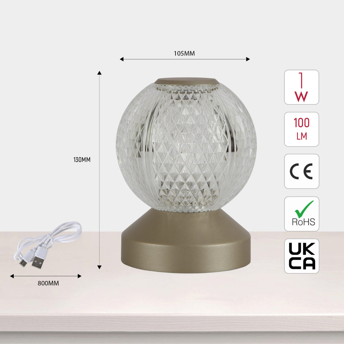 Size and certifications of Illumina Sphere Touch: Rechargeable Spherical LED Lamp 130-03724