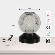 Size and certifications of Illumina Sphere Touch: Rechargeable Spherical LED Lamp 130-03726