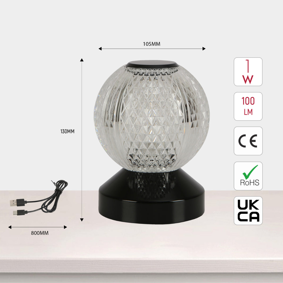 Size and certifications of Illumina Sphere Touch: Rechargeable Spherical LED Lamp 130-03726