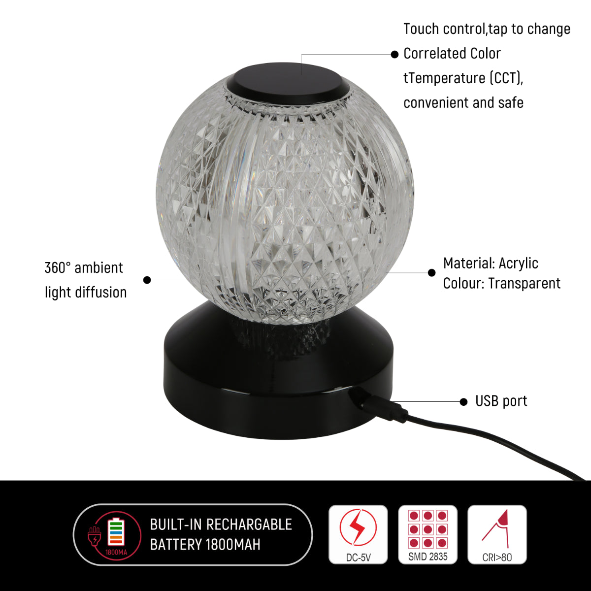 Technical specs of Illumina Sphere Touch: Rechargeable Spherical LED Lamp 130-03726