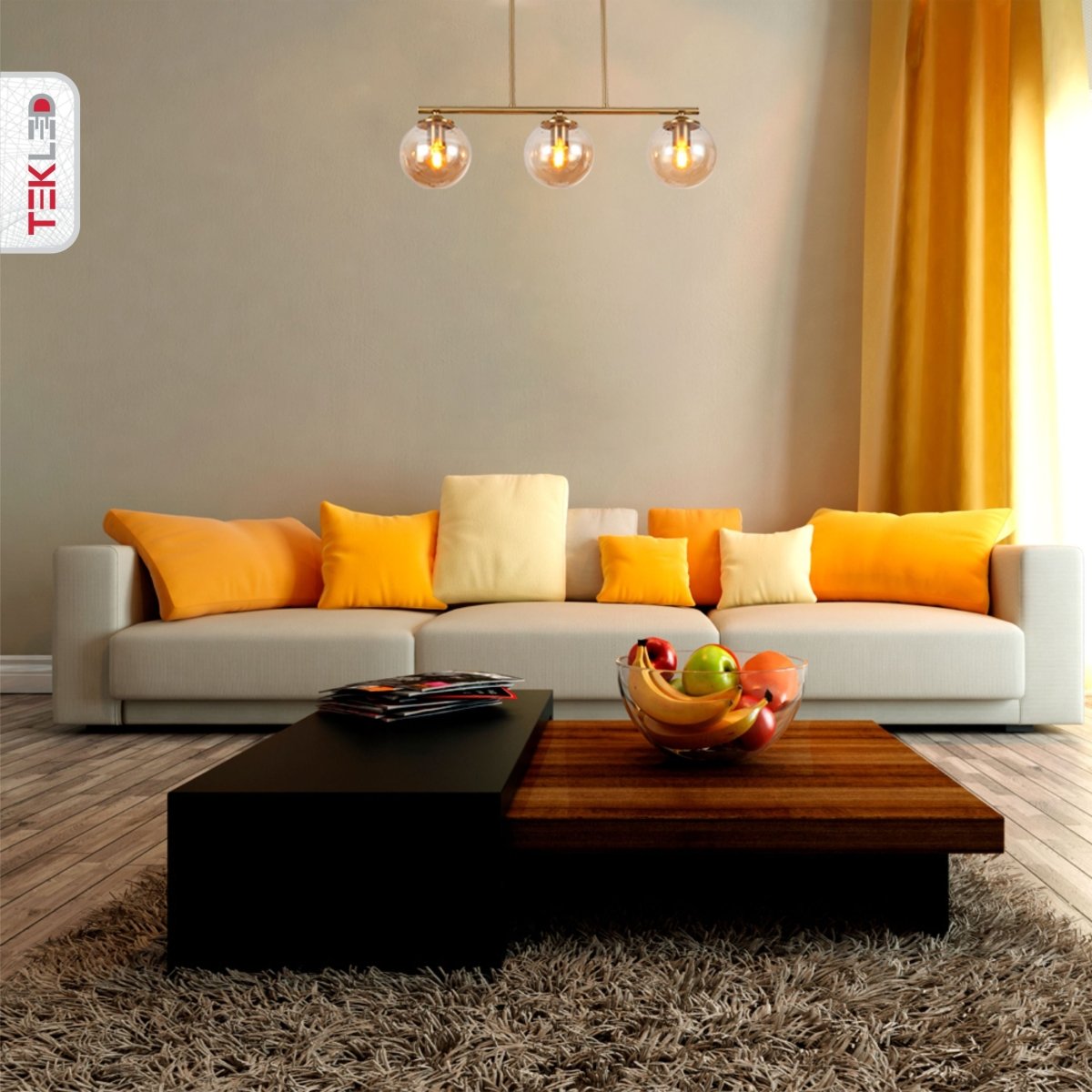 More interior usage of Amber Globe Glass Gold Metal Body Ceiling Light with 3xE27 Fitting | TEKLED 159-17578
