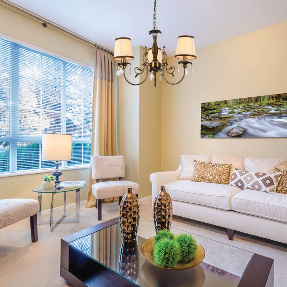 More interior usage of Antique Brass Finishing Metal Body Off White Shade Candle Vintage Crystal Ceiling Light with E14 | TEKLED 156-18200