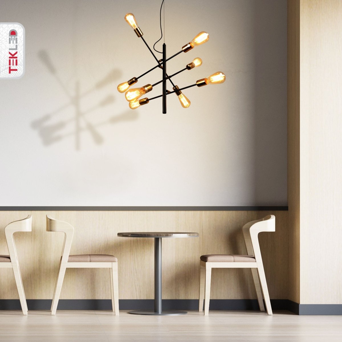 More interior usage of Black and Gold Rod Modern Pendant Chandelier Light with 8xE27 Fittings | TEKLED 159-17478