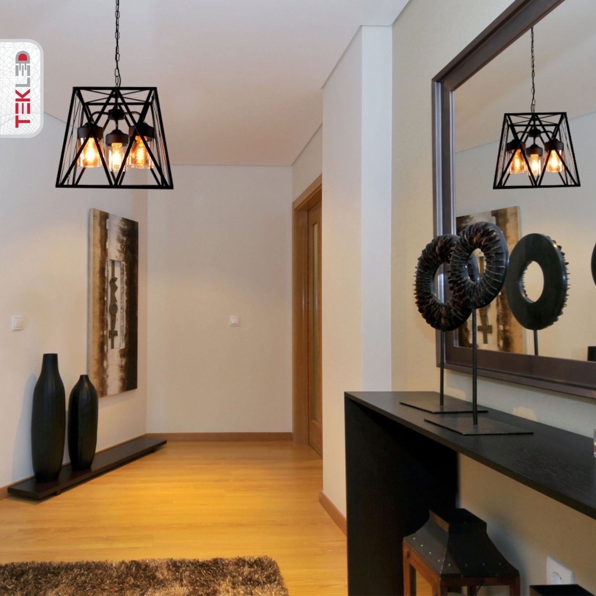 More interior usage of Black Metal Body Amber Cylinder Glass Cage Cuboid Chandelier with 3xE27 Fittings | TEKLED 159-17414