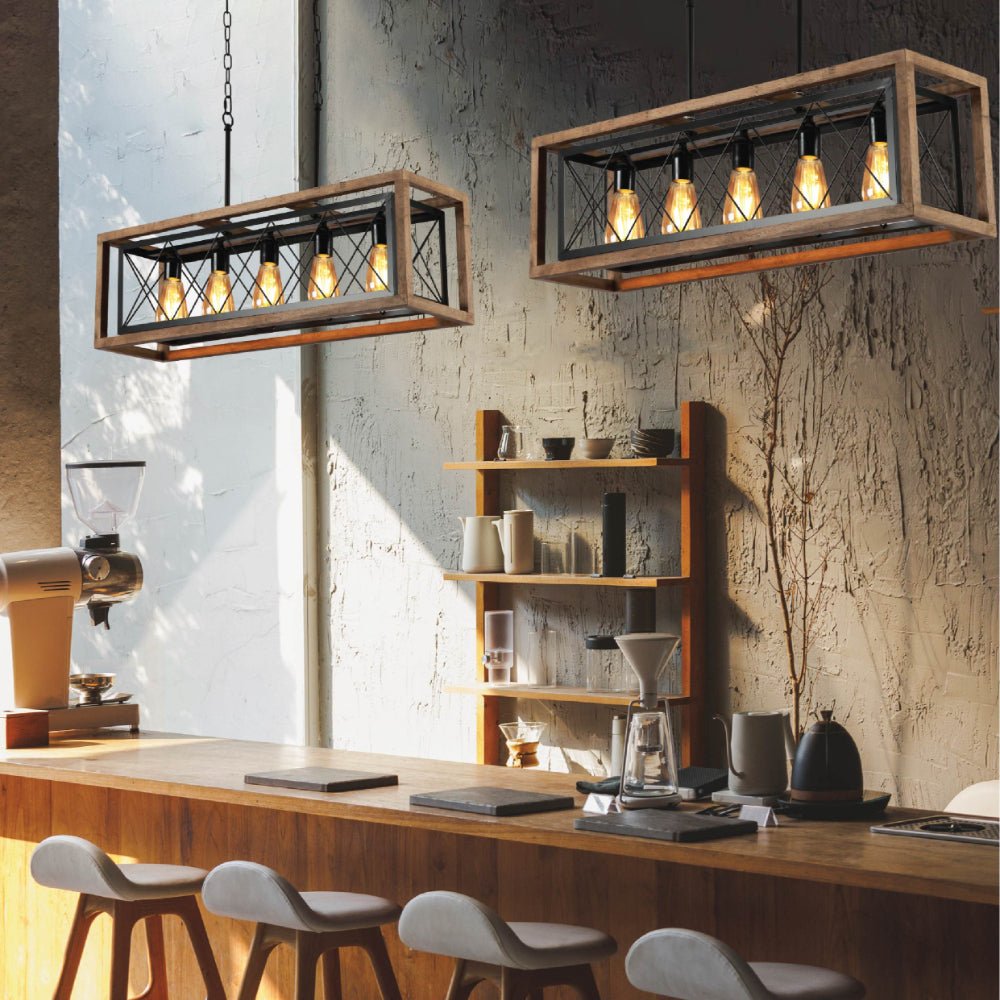 More interior usage of Black Metal Cage Old Wood Cuboid Kitchen Island Chandelier Ceiling Light with 5xE27 | TEKLED 159-17860