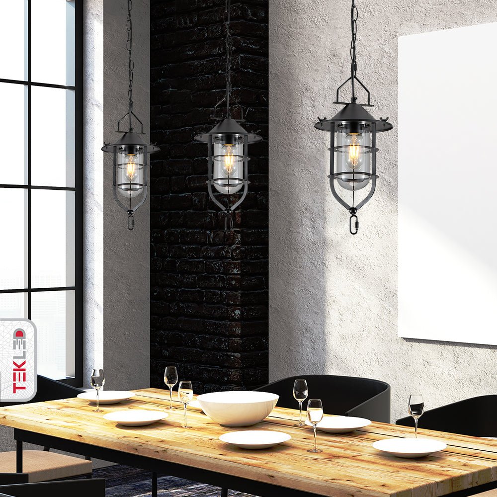 More interior usage of Black Nautical Industrial Caged Flat Shade Small Glass Metal Ceiling Pendant Light with E27 Fitting  | TEKLED 150-18370