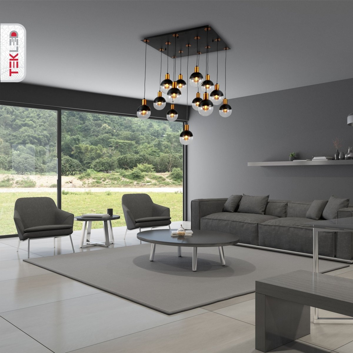 More interior usage of Clear Black Globe Glass Modern Nordic Chandelier with 13xG9 Fitting | TEKLED 158-19570