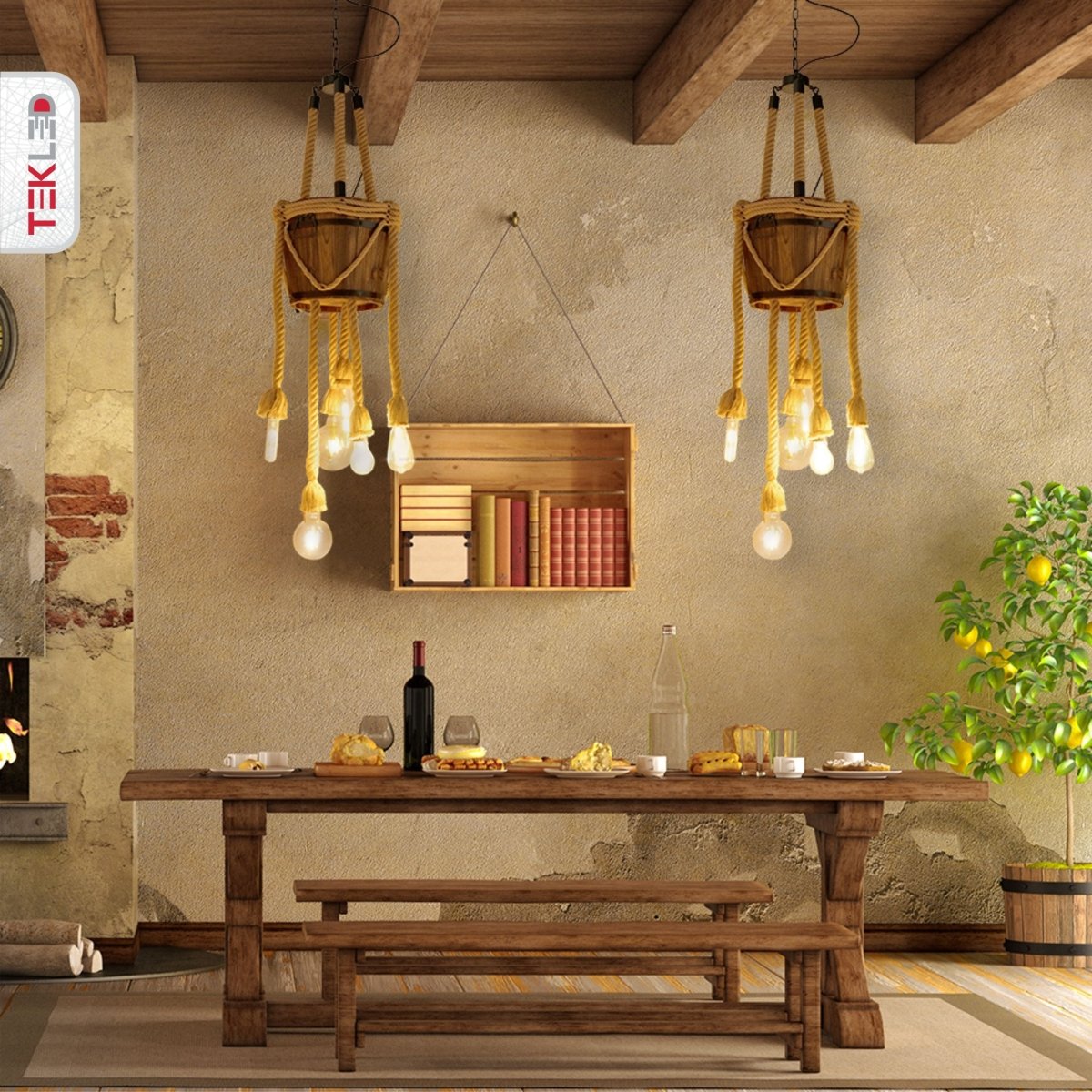More interior usage of Firewood Basket with 6 Hemp Rope Chandelier E27 Fitting | TEKLED 158-17874