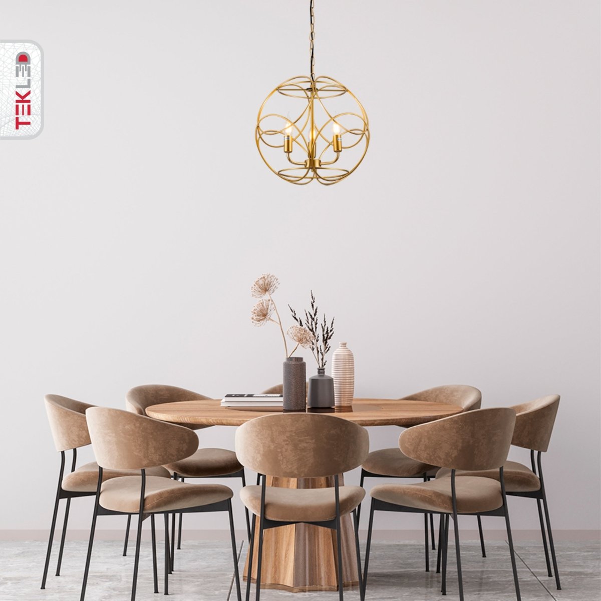 More interior usage of Gold Aluminium Bronze Globe Cage Pendant Chandelier Light with 3xE14 Fittings | TEKLED 159-17448