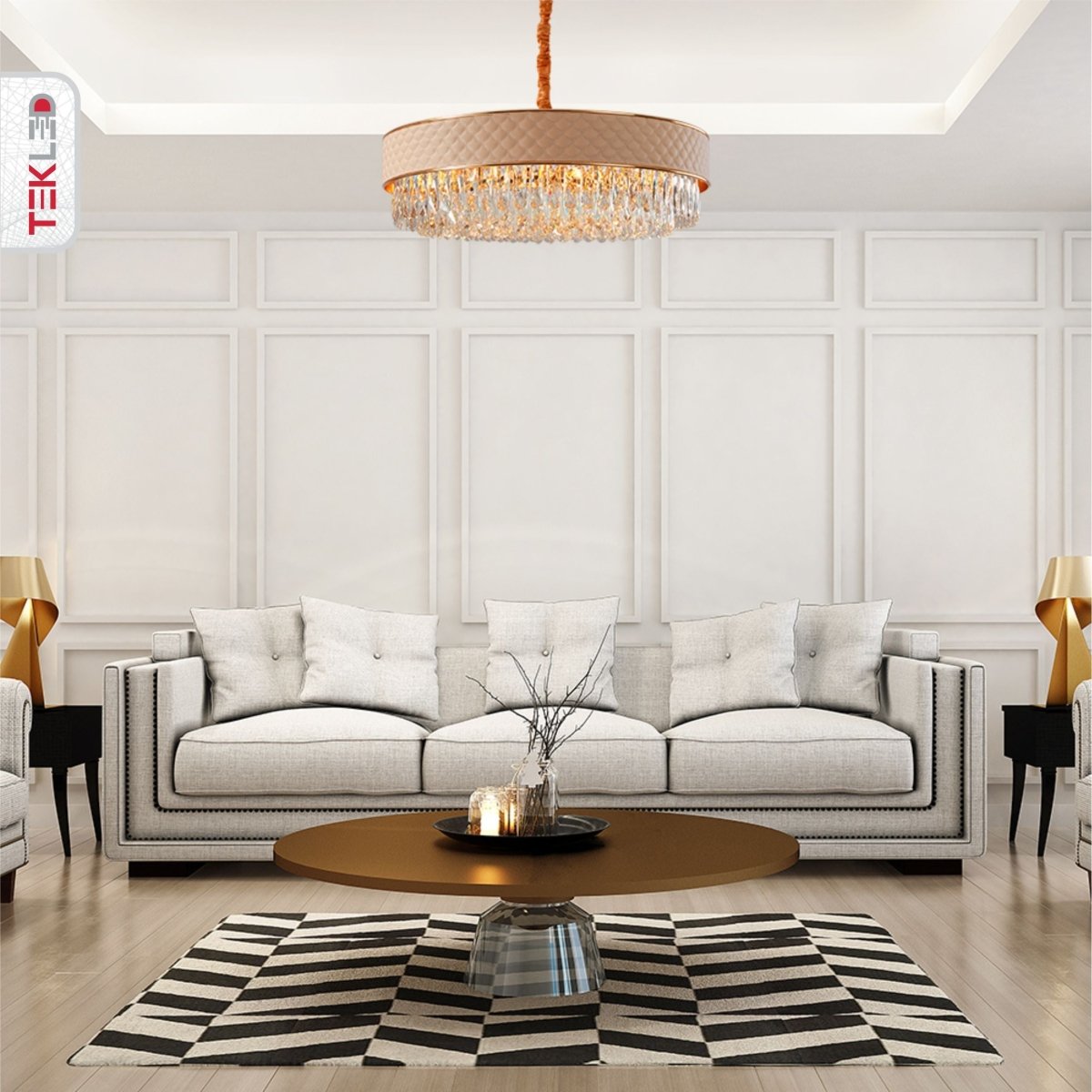 More interior usage of Gold Metal Cream Leather Crystal Chandelier D800 with 15xE14 Fitting | TEKLED 158-19860