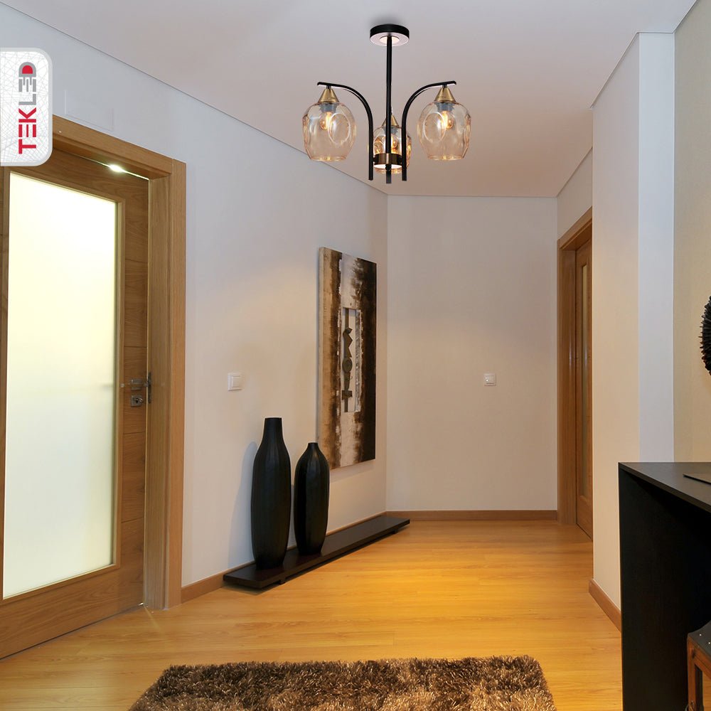 More interior usage of Snowdrop Amber Glass Black Body Semi Flush Ceiling Light with 3xE27 Fittings | TEKLED 159-17420