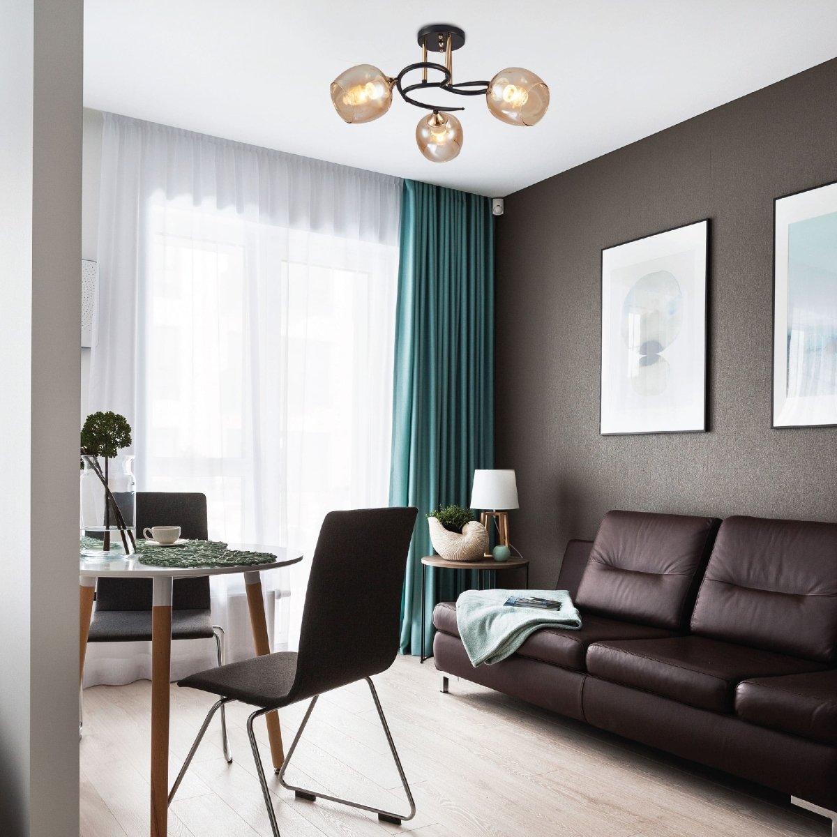 Indoor setting living room, kitchen, bedroom Amber Bell Glass Black Gold Metal Semi Flush Ceiling Light | TEKLED 159-17130