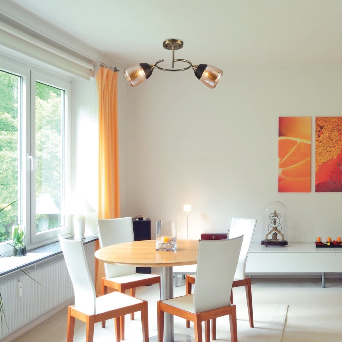 Indoor setting living room, kitchen, bedroom Amber Black Bell Glass Antique Brass Metal Spiral Semi Flush Ceiling Light | TEKLED 159-17156