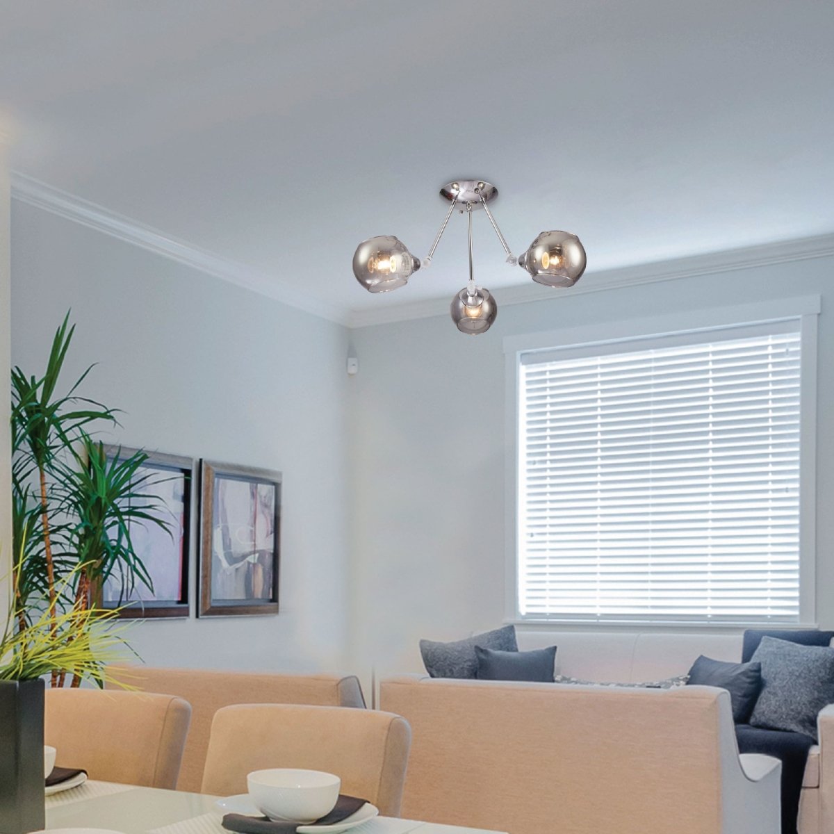 Indoor setting living room, kitchen, bedroom Smoky Cut-out Globe Glass Hinged Chrome Metal Semi Flush Ceiling Light | TEKLED 159-17584