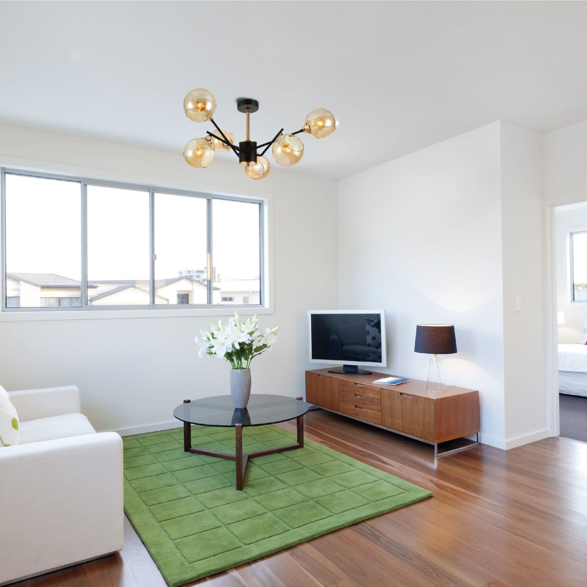 Living room kitchen bedroom use of Amber Cut-out Globe Glass Black Gold Metal Sputnik Semi Flush Ceiling Light | TEKLED 159-17196