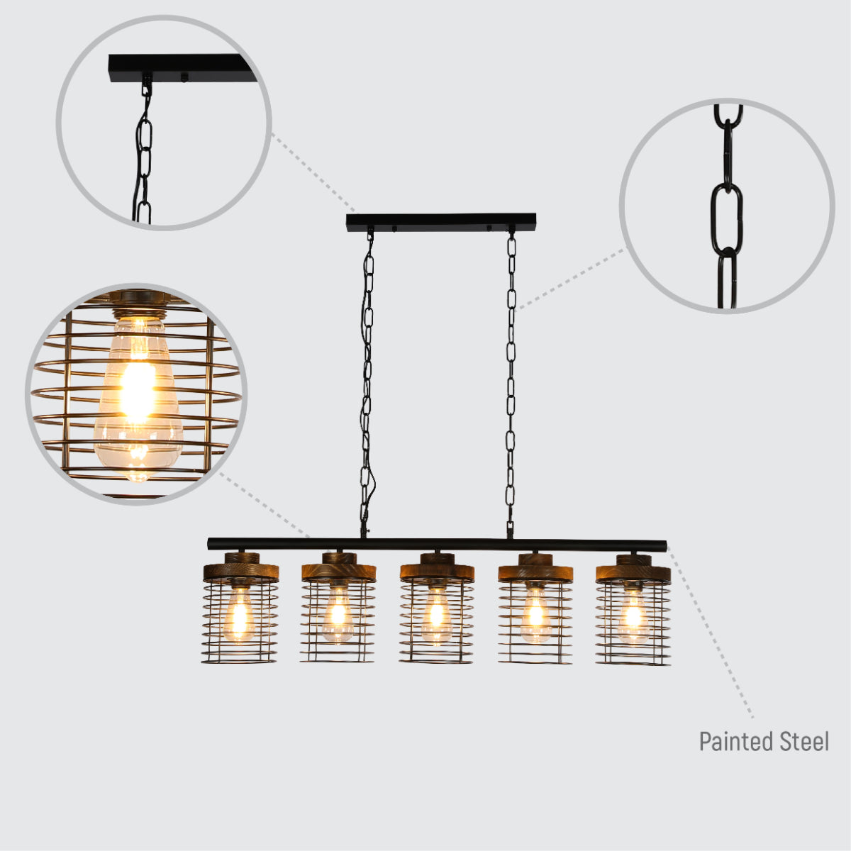 Lighting properties of Industrial Cage Pendant Light - Rectangular 5-Shade Linear Chandelier with Wood Accents 150-19066
