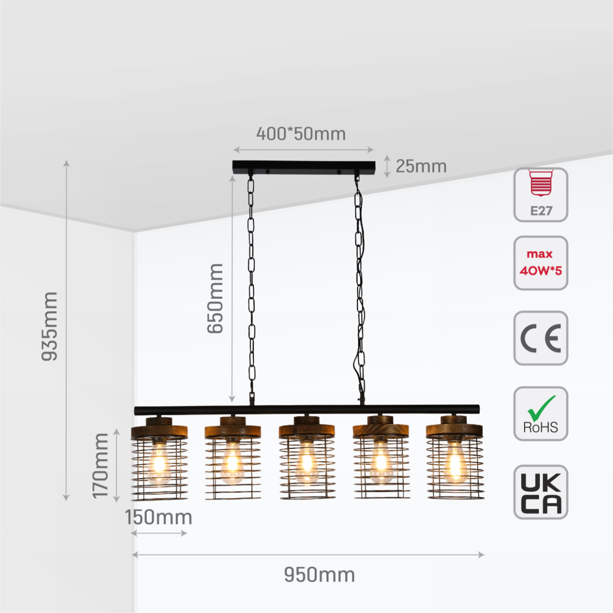 Size and certifications of Industrial Cage Pendant Light - Rectangular 5-Shade Linear Chandelier with Wood Accents 150-19066