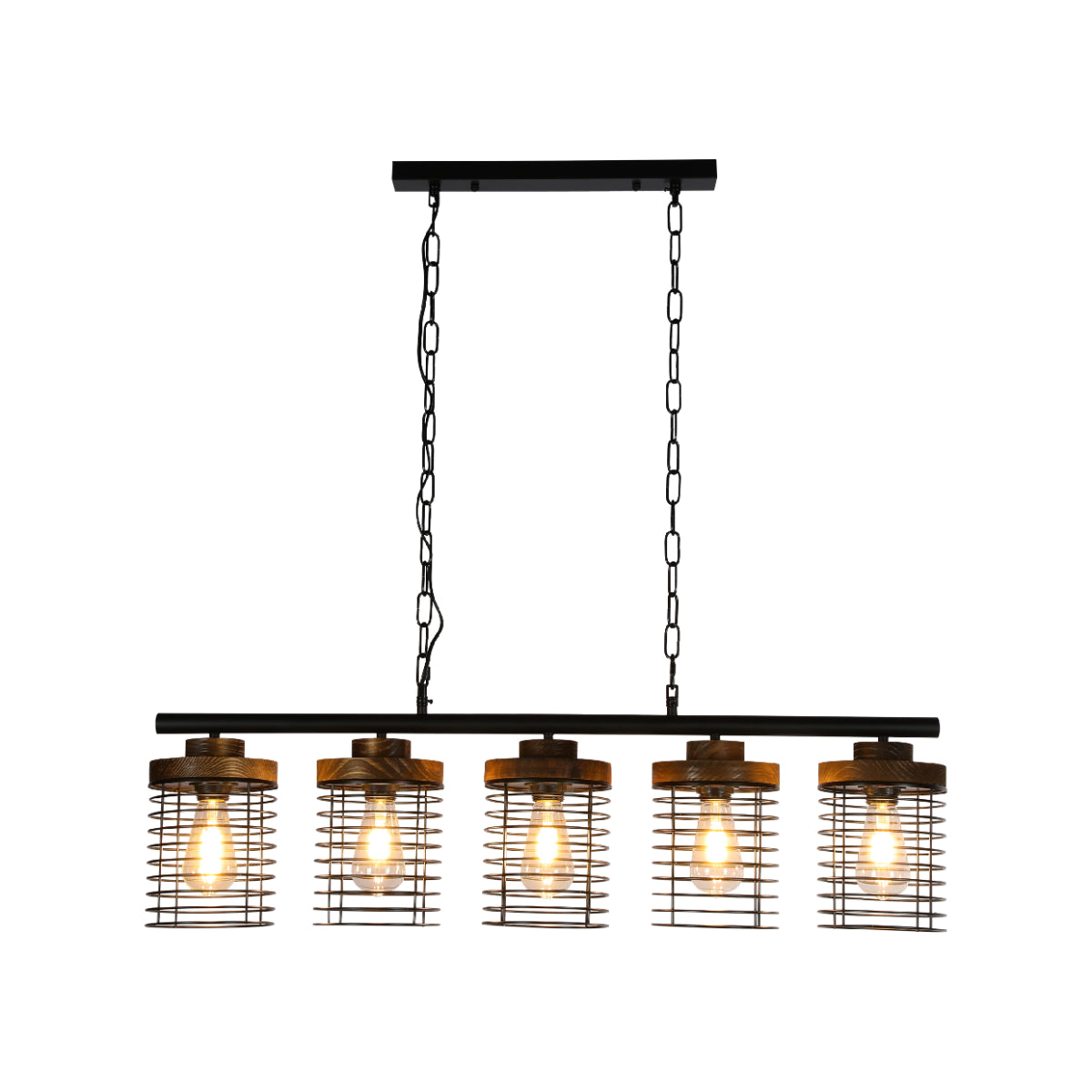 Main image of Industrial Cage Pendant Light - Rectangular 5-Shade Linear Chandelier with Wood Accents 150-19066