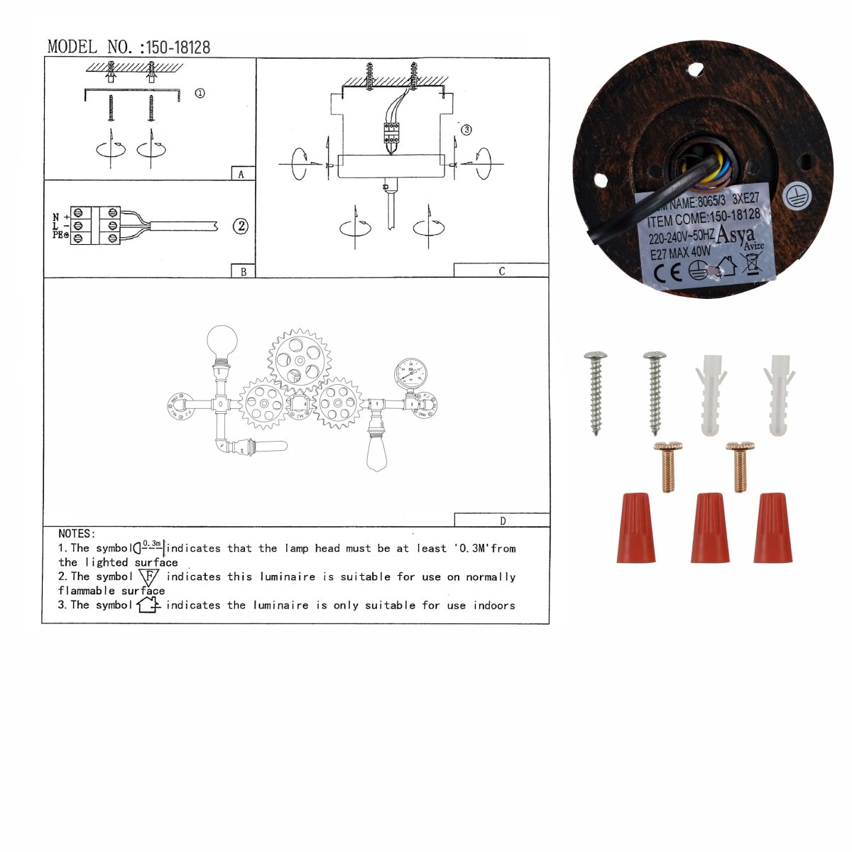 User manual for Industrial Design Valve Pipe Gauge Gear Metal Wall Light with 3xE27 Fitting | TEKLED 150-18128