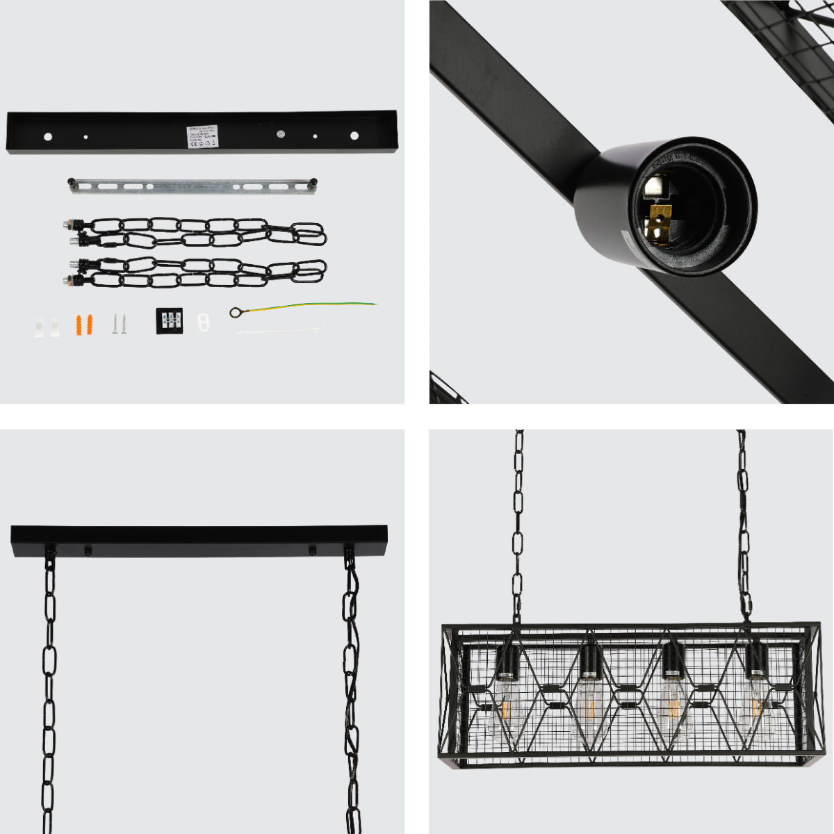 Close shots of Industrial Farmhouse Metal Cage Chandelier - Black Finish, 4-Light 150-19048