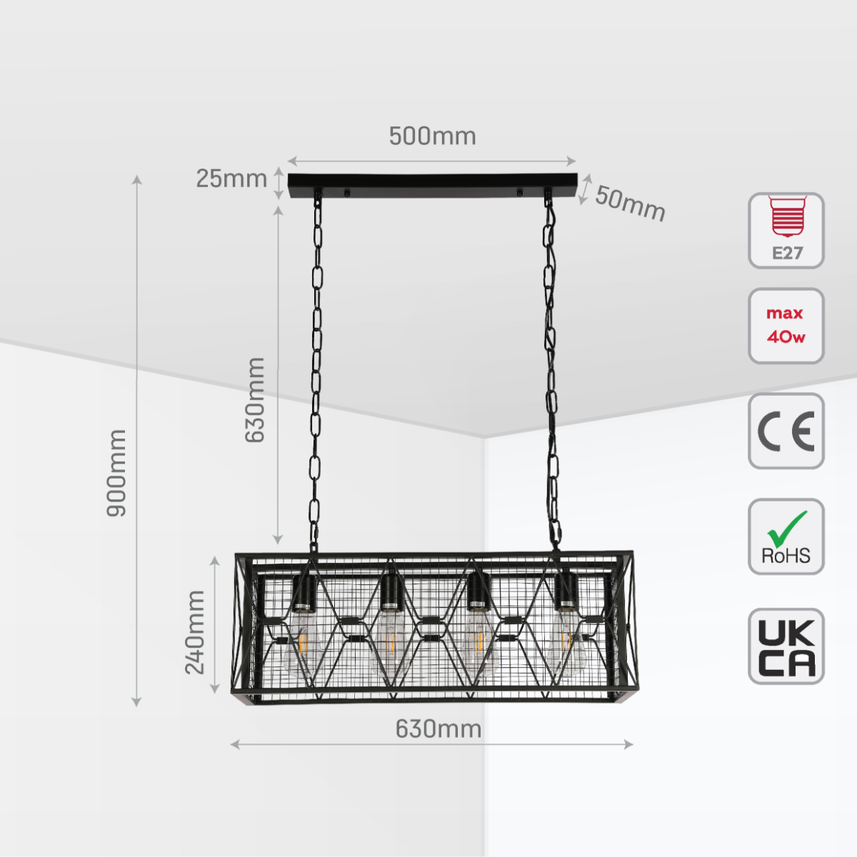 Size and certifications of Industrial Farmhouse Metal Cage Chandelier - Black Finish, 4-Light 150-19048
