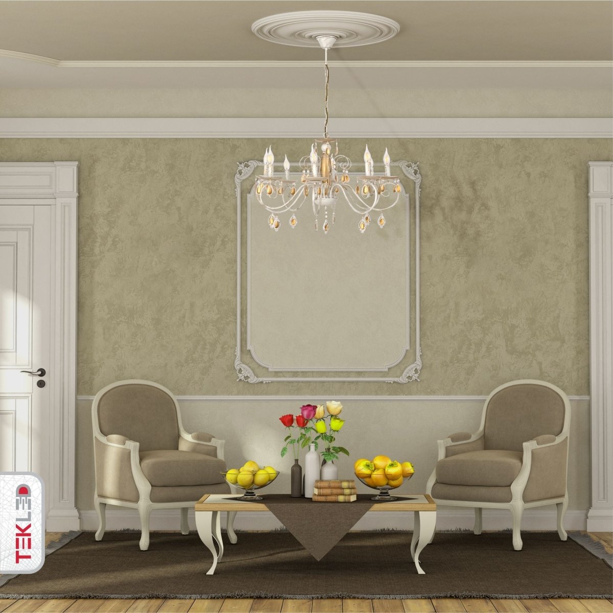 Indoor usage of Amber Crystal Gold and White Metal 8 Arm Chandelier with E14 Fitting | TEKLED 158-19444