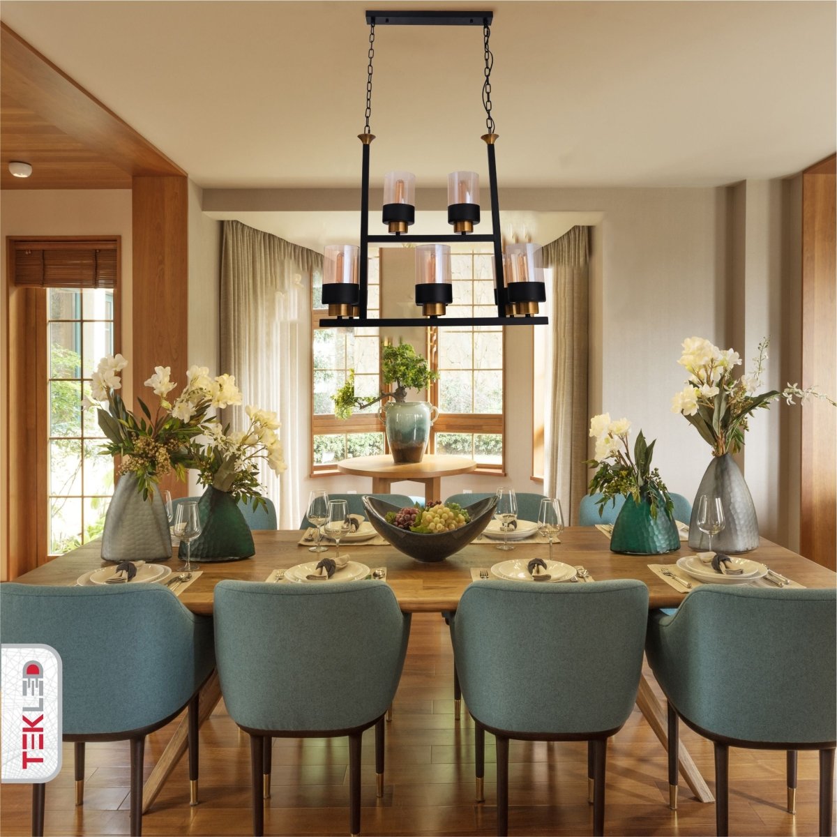 Indoor usage of Amber Cylinder Glass Black Metal Chandelier with 8xE27 Fitting | TEKLED 158-19586
