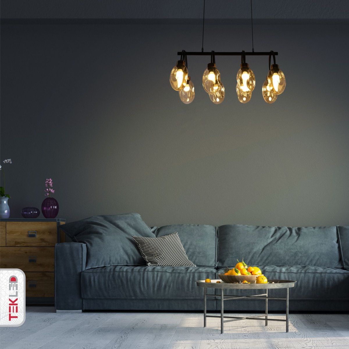Indoor usage of Amber Glass Black Metal Island Chandelier with 8xE27 Fitting | TEKLED 158-19574