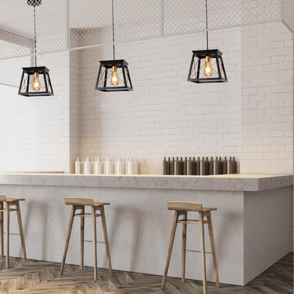 Indoor usage of Black Gold Caged Industrial Retro Square Pendant Ceiling Light with E27 | TEKLED 159-17862