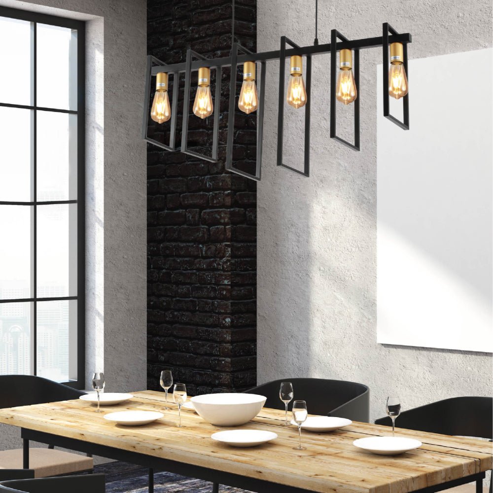 Indoor usage of Black Metal Body Cage Modern Kitchen island Chandelier Ceiling Light with Gold 6xE27 Fittings  | TEKLED 159-17874