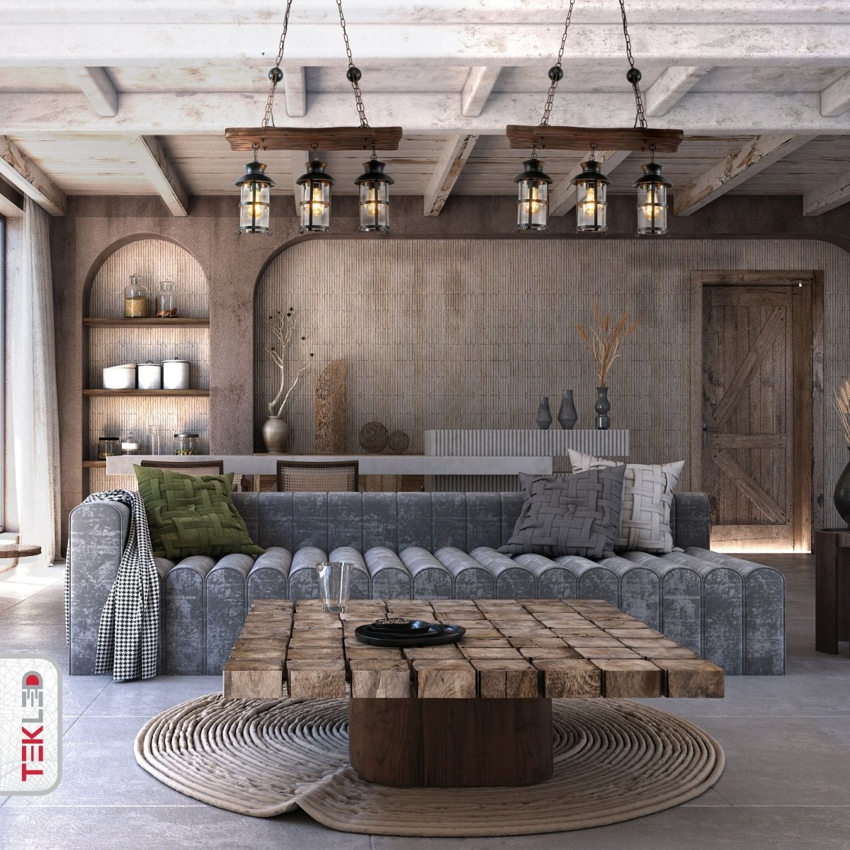 Indoor usage of Board Iron and Wood Glass Cylinder Shade Island Chandelier Light 3xE27 | TEKLED 159-17840