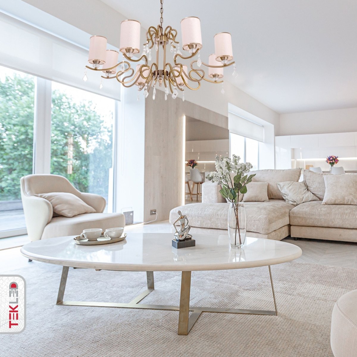 Indoor usage of Cream Shade Antique Brass Metal 8 Arm Chandelier with Pendeloque Crystals 8xE14 | TEKLED 158-17828
