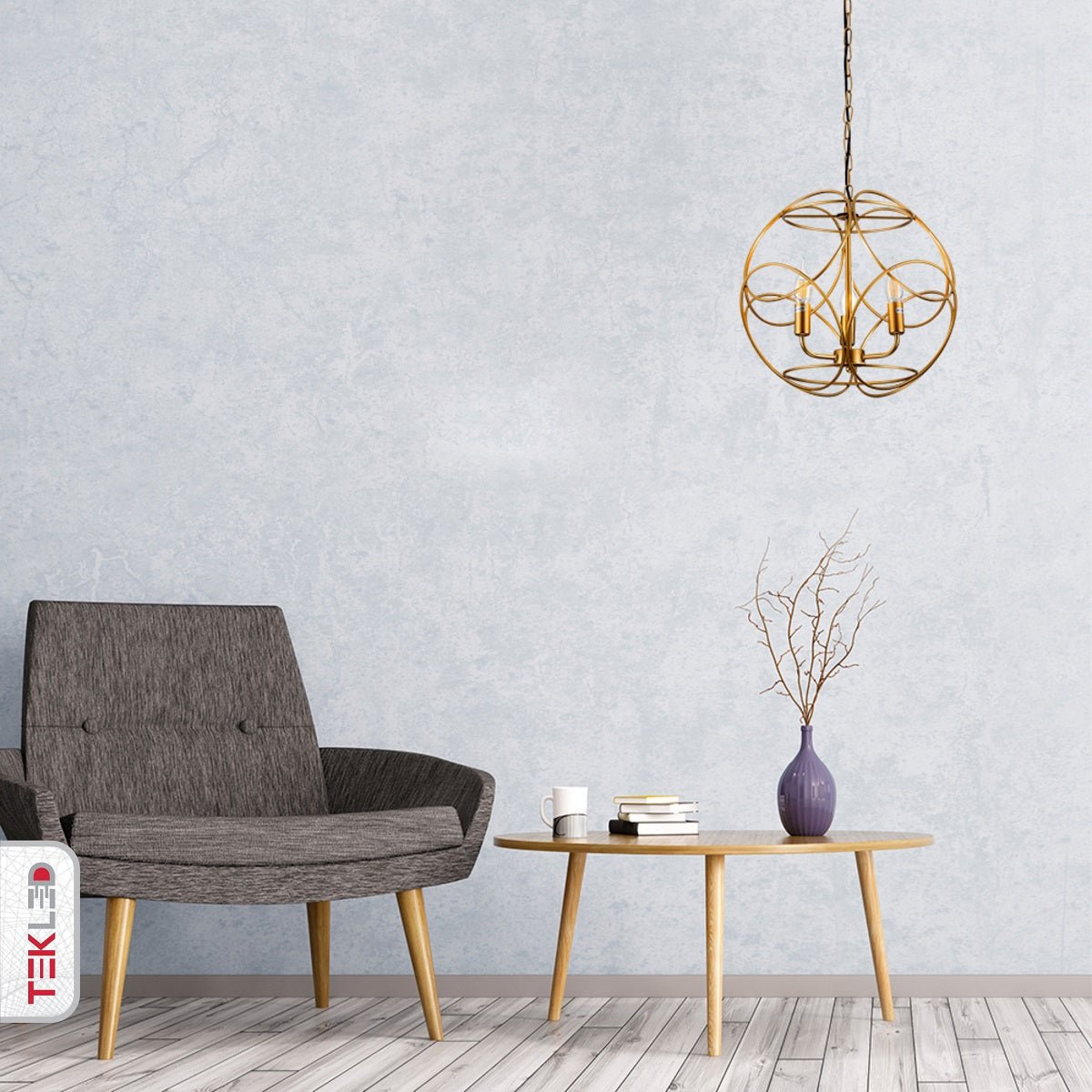 Indoor usage of Gold Aluminium Bronze Globe Cage Pendant Chandelier Light with 3xE14 Fittings | TEKLED 159-17448