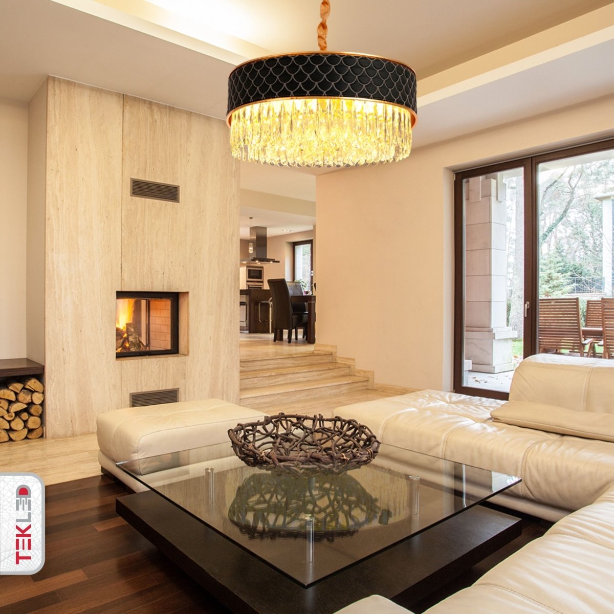 Indoor usage of Gold Metal Black Leather Crystal Chandelier D600 with 12xE14 Fitting | TEKLED 158-19858