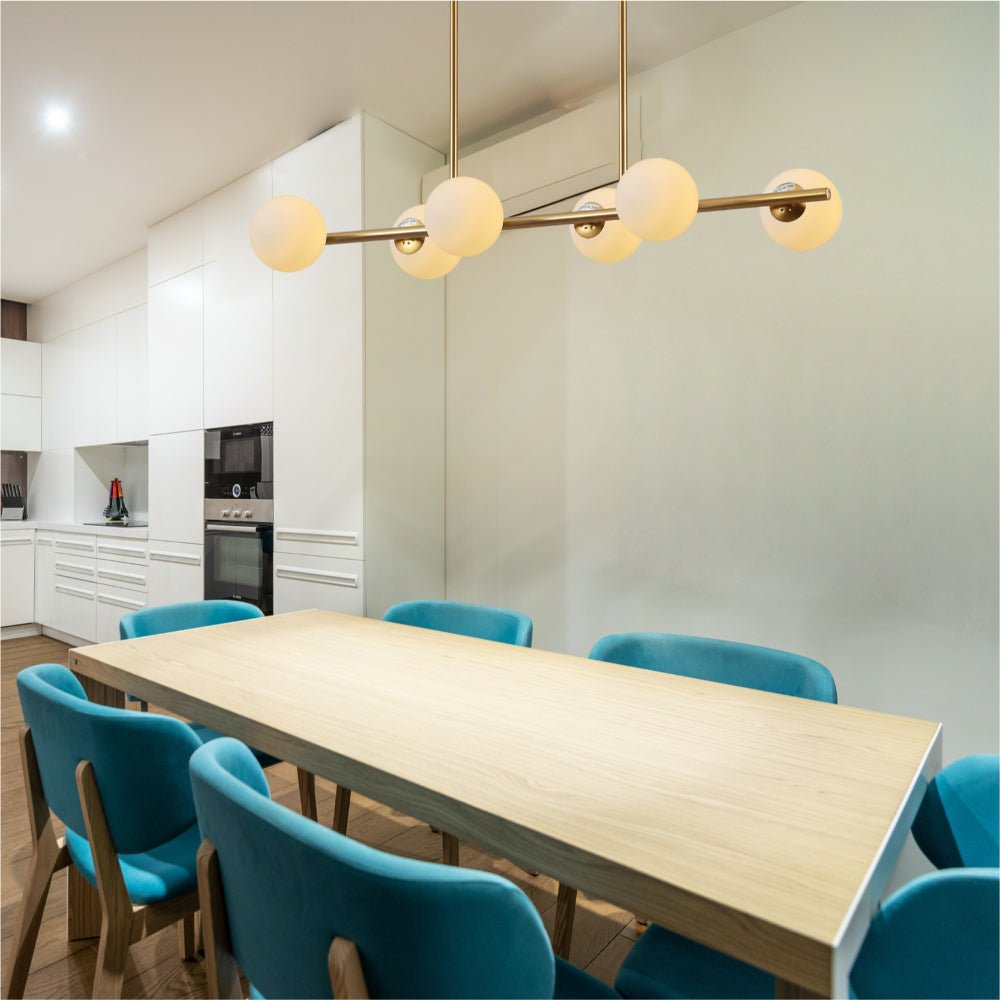 Indoor usage of Gold Metal Body Opal Glass Globes Kitchen Island Chandelier Ceiling Light with 6xG9 Fittings | TEKLED 158-19716