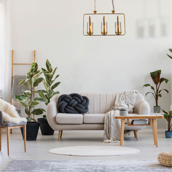 Indoor usage of Gold Metal Cage Body Amber Cylinder Glass Kitchen Island Chandelier Ceiling Light with 3xE27 Fitting | TEKLED 159-17444