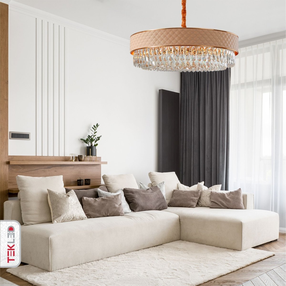 Indoor usage of Gold Metal Cream Leather Crystal Chandelier D800 with 15xE14 Fitting | TEKLED 158-19860