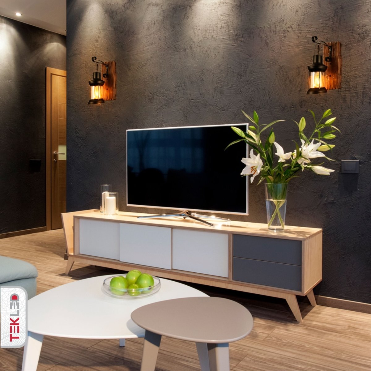 Indoor usage of Iron and Wood Glass Cylinder Wall Light E27 | TEKLED 159-17850