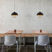 Indoor usage of Matte Gold Caged Shade with Black Dome Top Pendat Ceiling Light D390 with E27 Fitting | TEKLED 150-18308