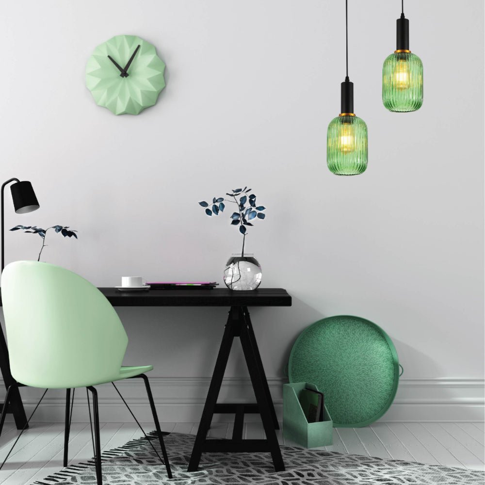 Indoor usage of Sawyer Ribbed Fluted Reeded Maloto Lantern Green Glass Pendant Ceiling Light E27 Black Metal Top | TEKLED 150-18712