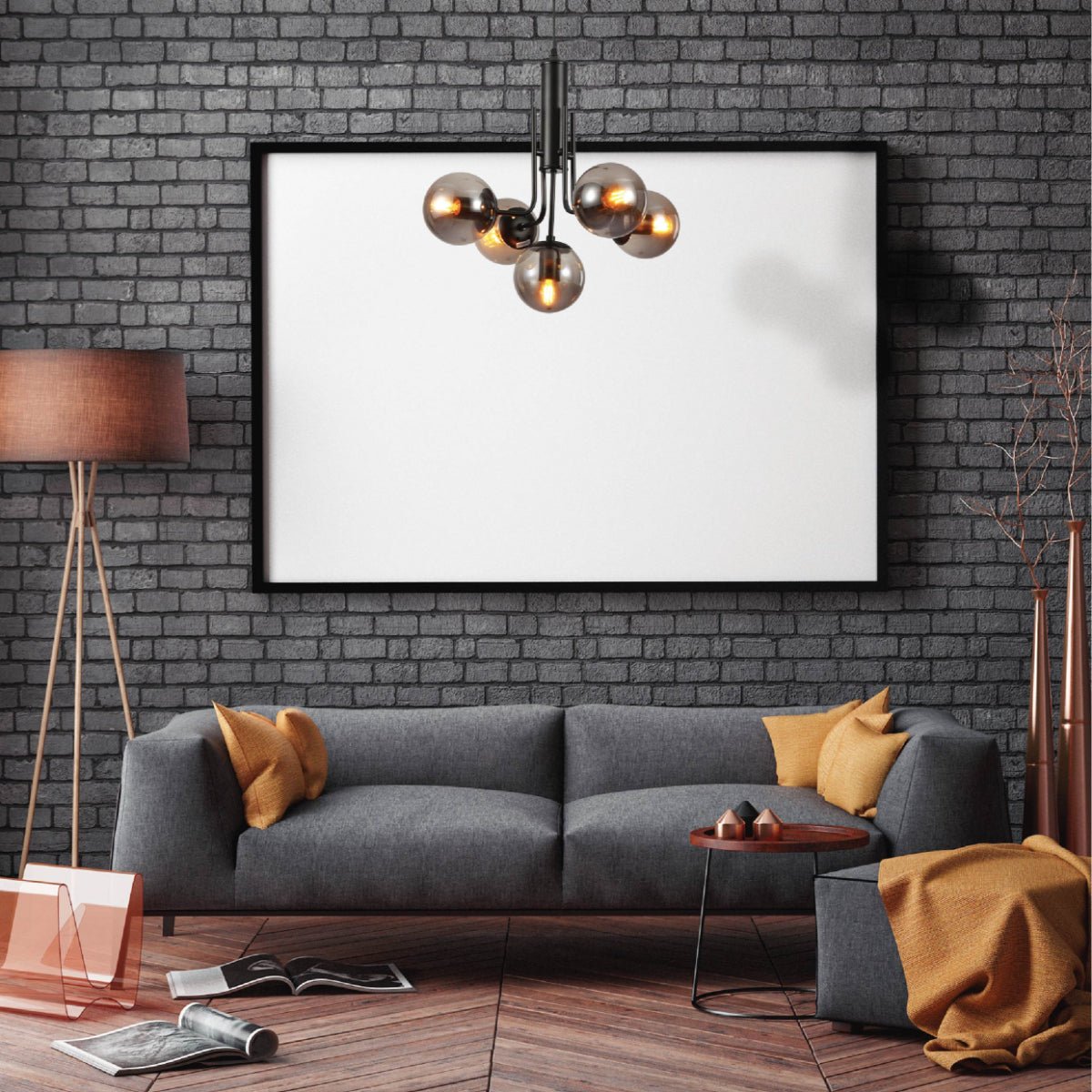 Indoor usage of Smoky Globe Glass Black Body Pendant Chandelier Ceiling Light with 5xE27s | TEKLED 159-17412