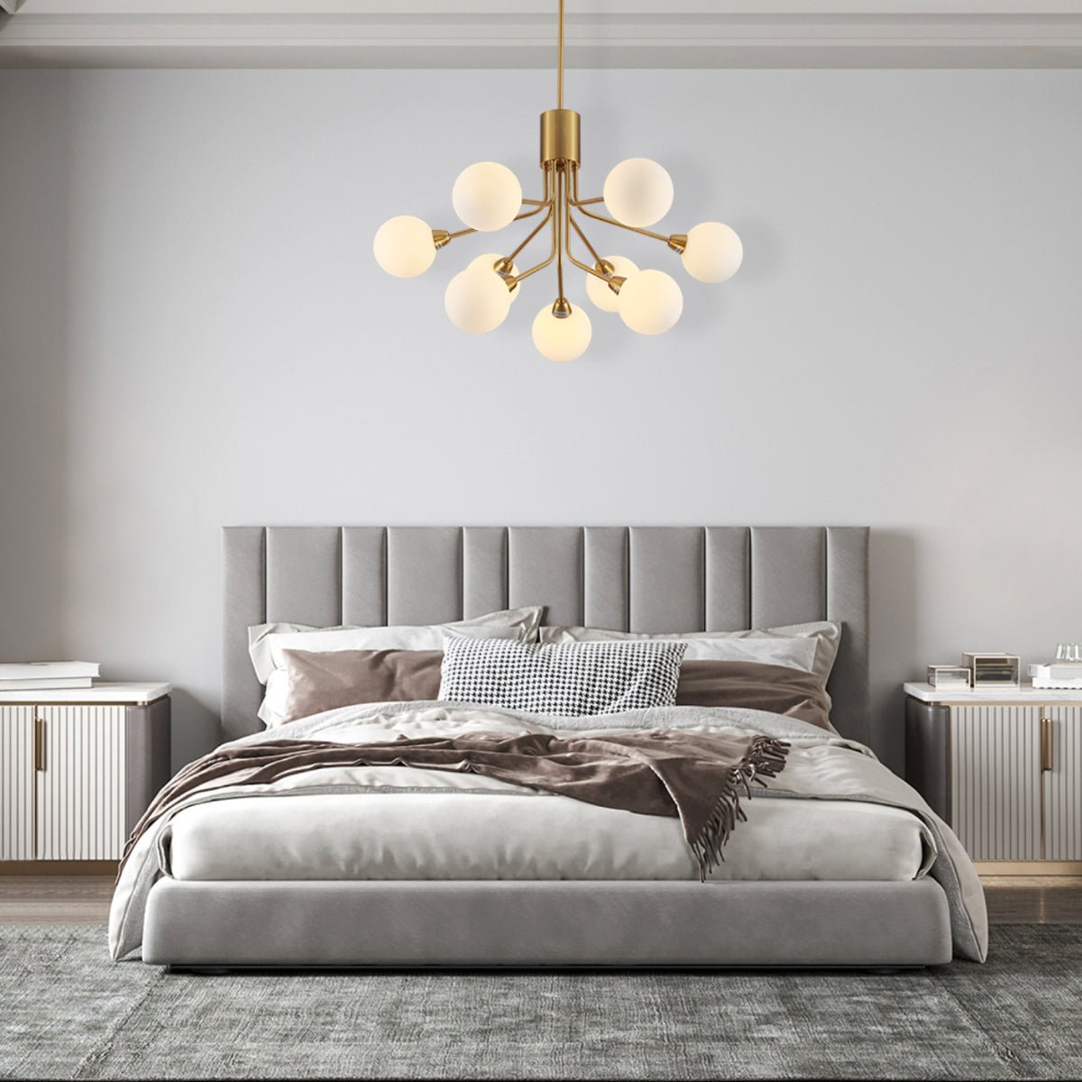 Indoor usage of White Globe Glass Gold Arm Body Pendant Chandelier Ceiling Light with 9xG9 | TEKLED 159-17552