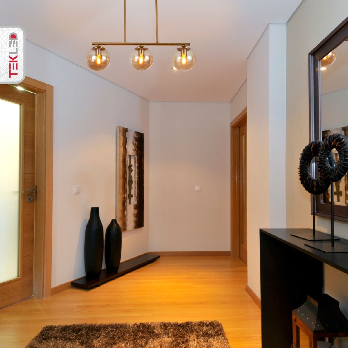 Interior application of Amber Globe Glass Gold Metal Body Ceiling Light with 3xE27 Fitting | TEKLED 159-17578