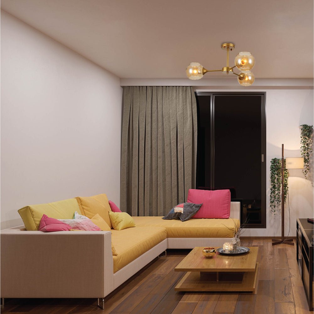 Interior application of Amber Sides Open Globe Glass Gold Semi Flush Ceiling Light E27 | TEKLED 159-17632