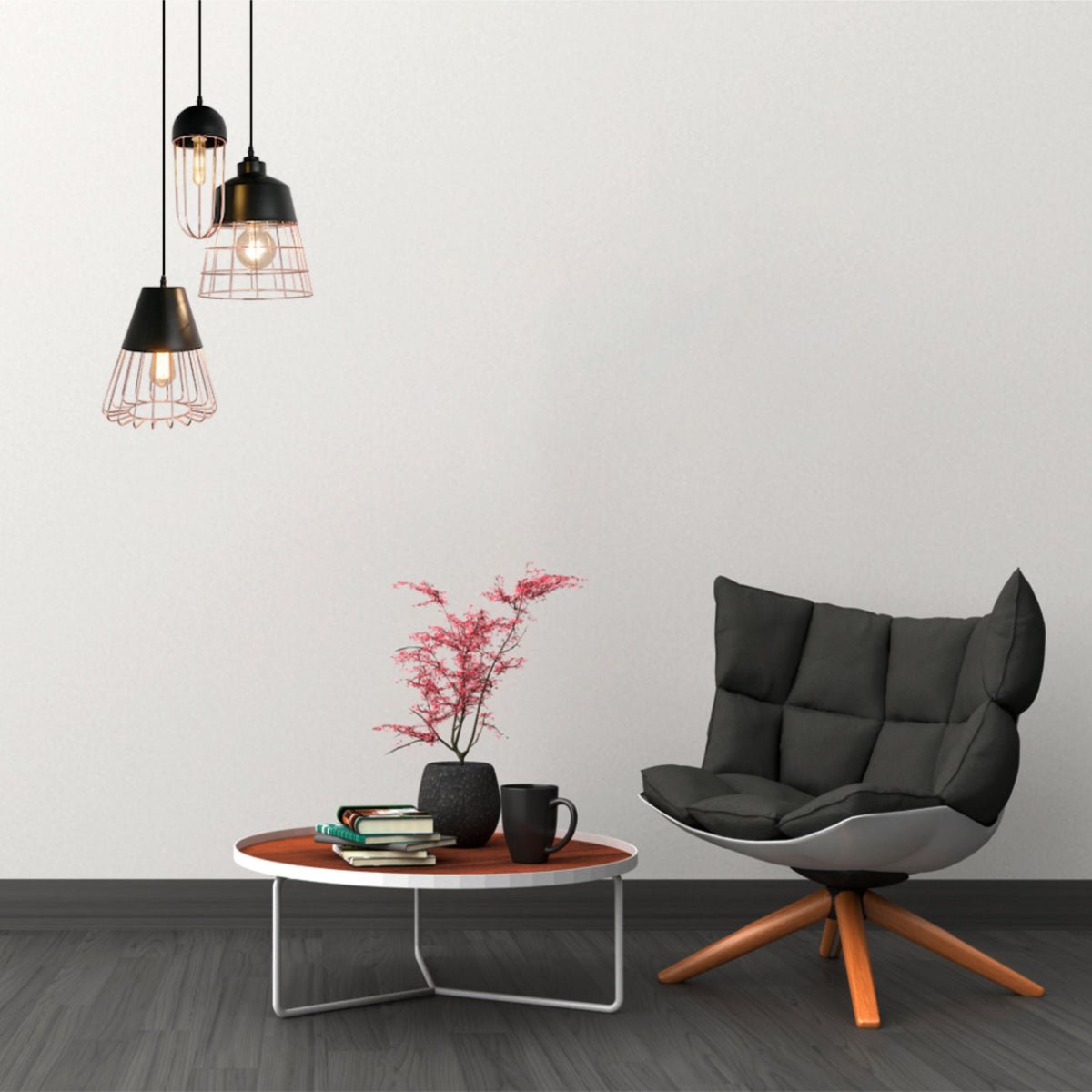 Interior application of Black Top Rose Gold Metal Cage Mix Pendant Ceiling Light with 3xE27 | TEKLED 150-18082
