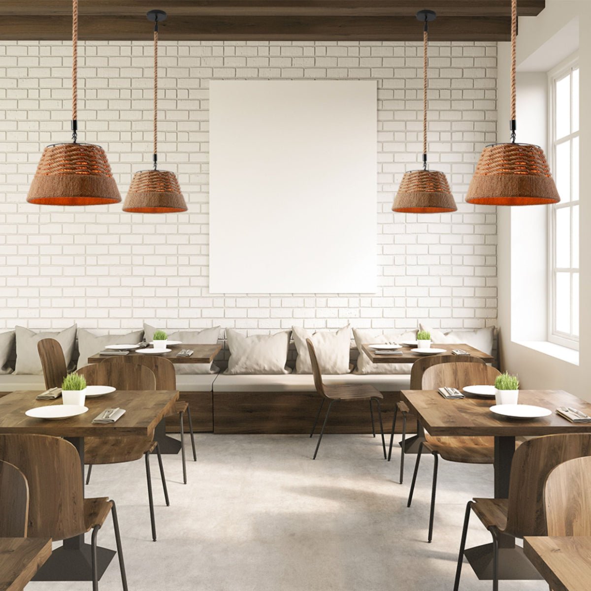 Interior application of Farmhouse Rustic Metal Body Hemp Rope Shade Pendant Ceiling Light with E27 | TEKLED 150-18094