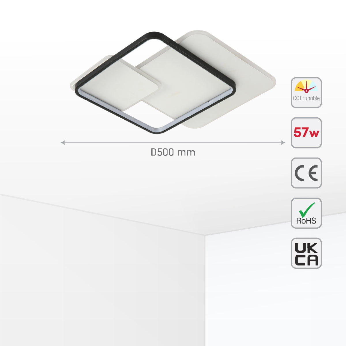 Size and certifications of Intersecting Squares LED Flush Ceiling Light 159-18105